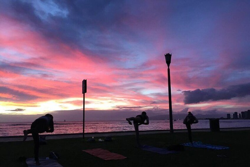 our beach yoga offers the widest closest views to colorful skies and oceans in waikiki 