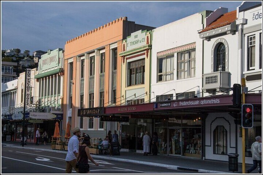 A view across Hastings street in Napier at some of the Art Deco buildings