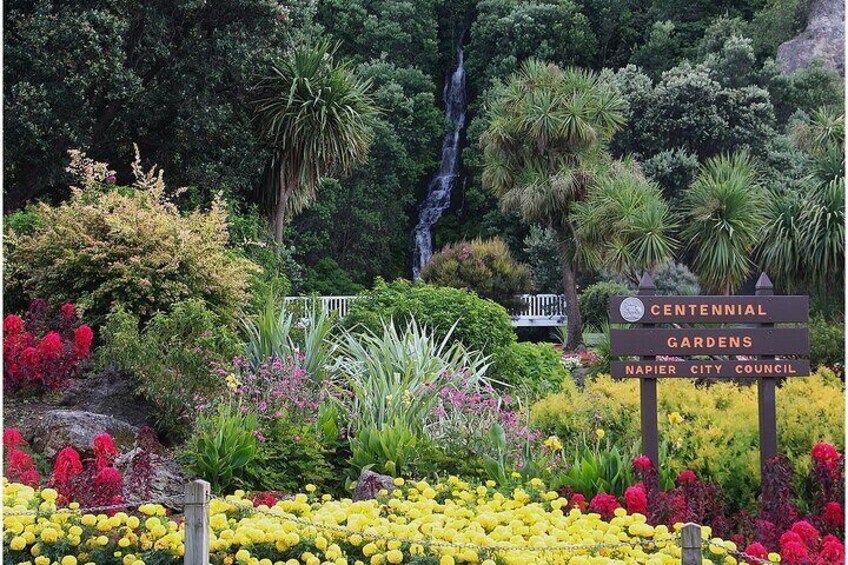 A sample city garden setting with a 142 ft waterfall