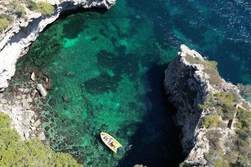 Boat tour Cala Figuera, Es Pontas, Caló de Moro, Cala Marmols