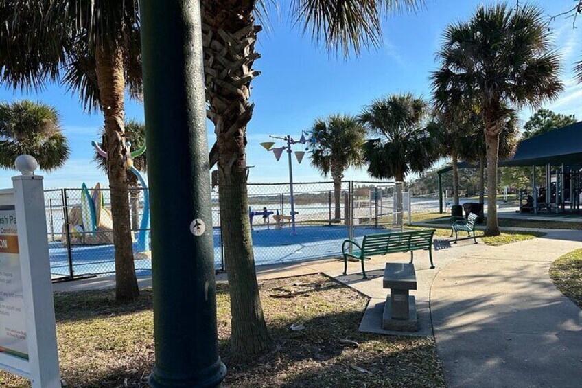 Free splash pad next to the playground.