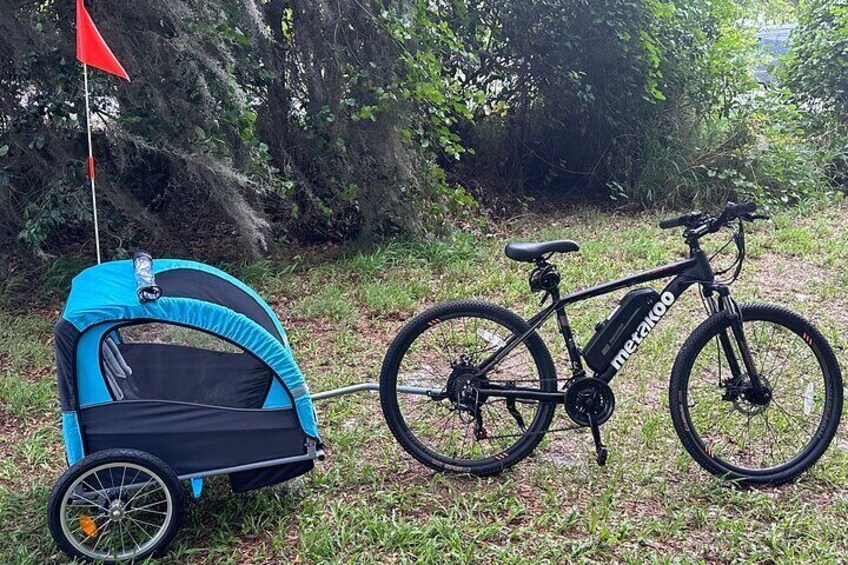 2-Child Trailer behind fully electric mountain bike.