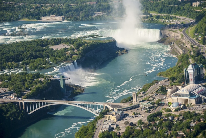 Aerial view looking at Niagara Falls in the distance