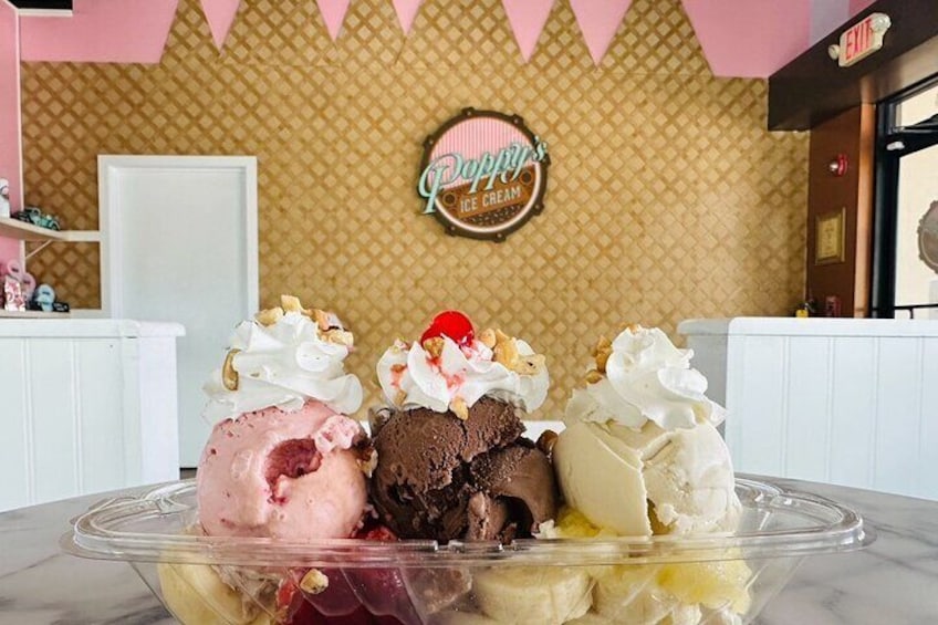 A delicious banana split from Poppy's Ice Cream & Sweet Shop