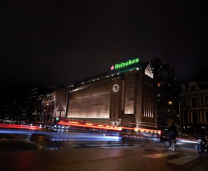 Night view of the Heineken Experience building in Amsterdam