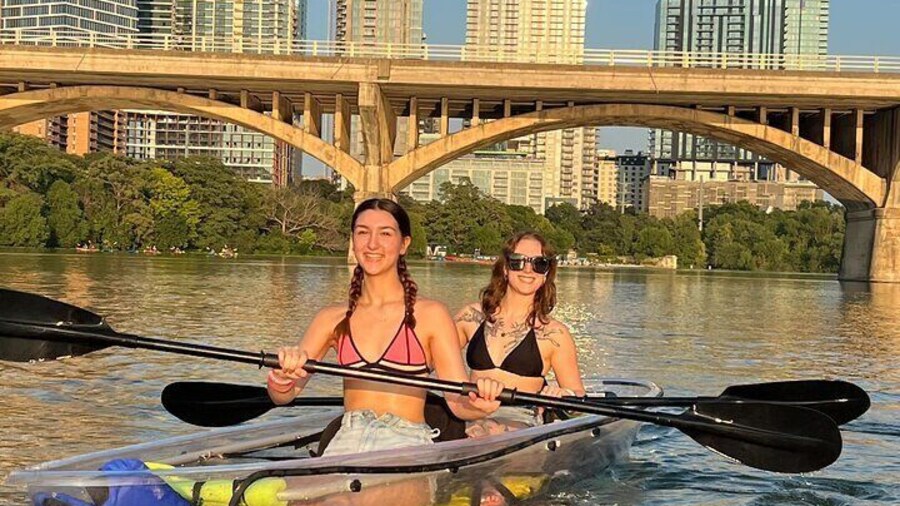 Our happy sunset paddlers on Clear Kayaks!