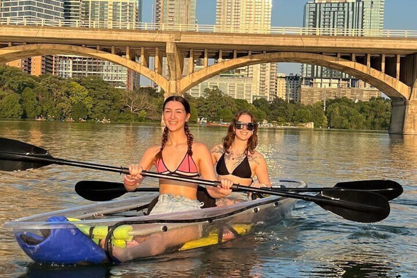 Our happy sunset paddlers on Clear Kayaks!