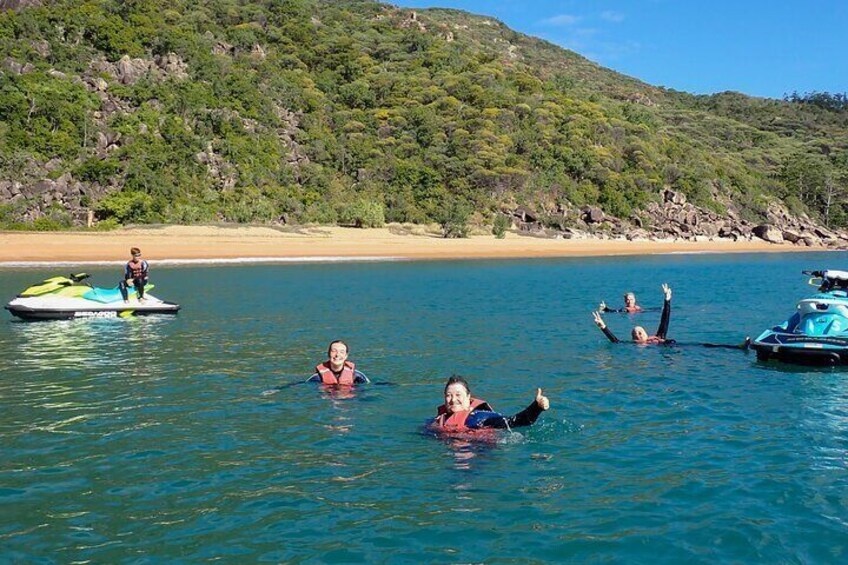 Enjoying a swim in the remote, Huntingfield Bay, a bay only accessible by ocean.