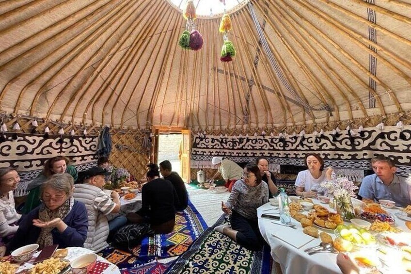 Traditional Kazakh home-made food in the yurt