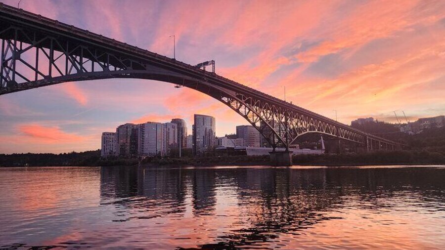 The Ross Island Bridge at sunset