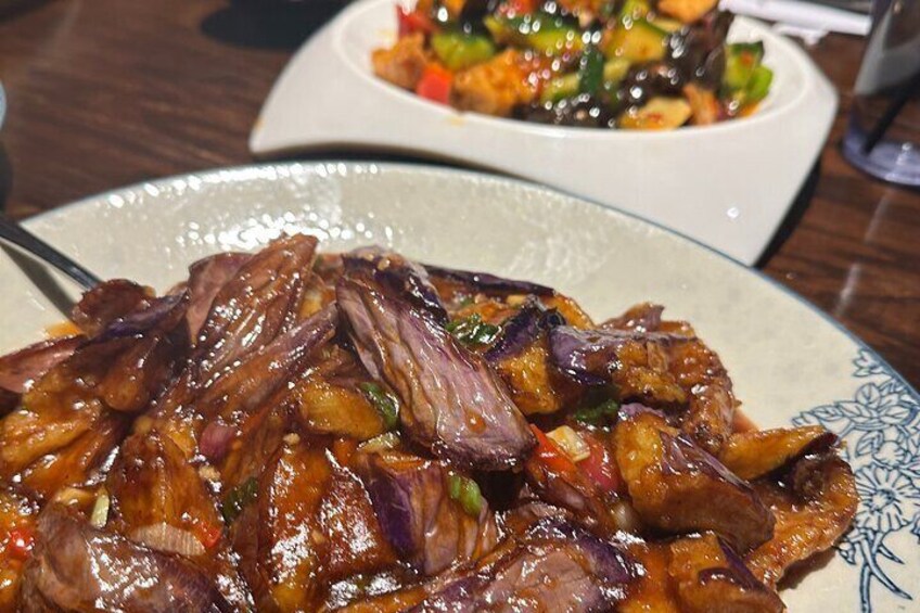 Szechuan style pork-stuffed eggplant in garlic sauce