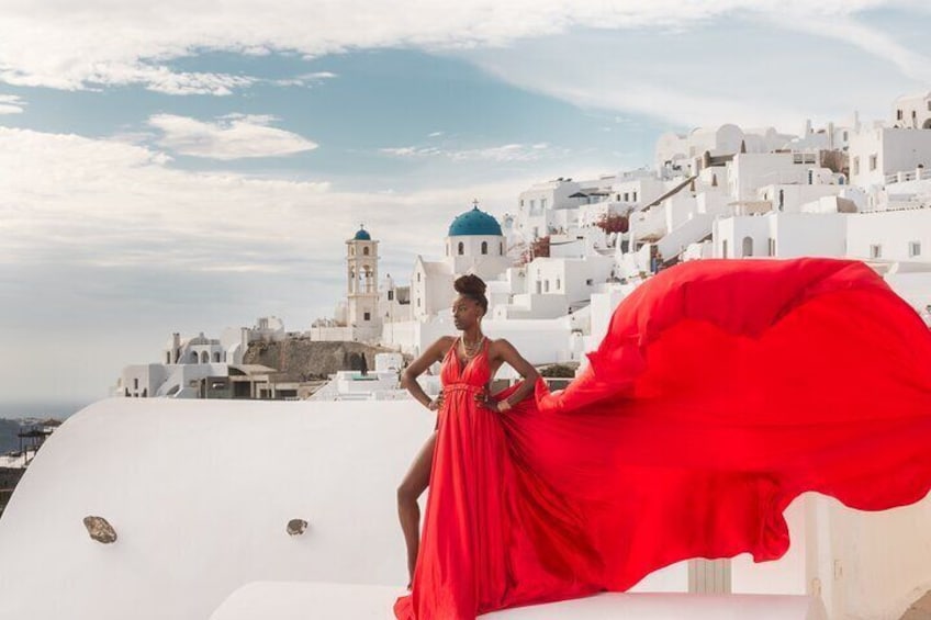 Santorini Flying Dress Photography with Hotel Pick up