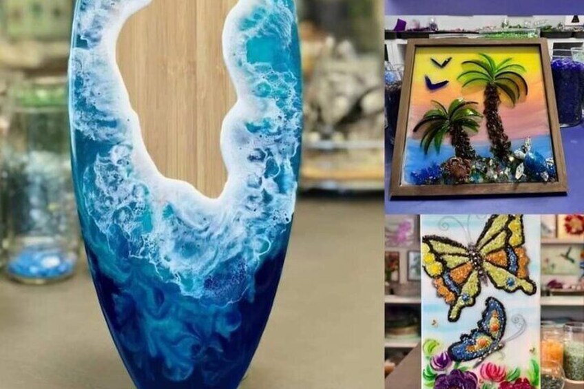 We offer a variety of art classes here for all ages 6 and up for glass art and 14 and up for our wave classes 