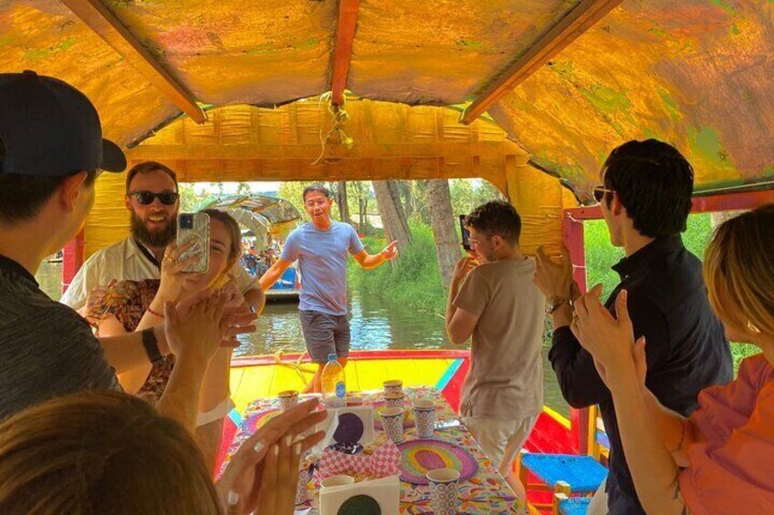 Floating party in Xochimilco with drinks and snacks