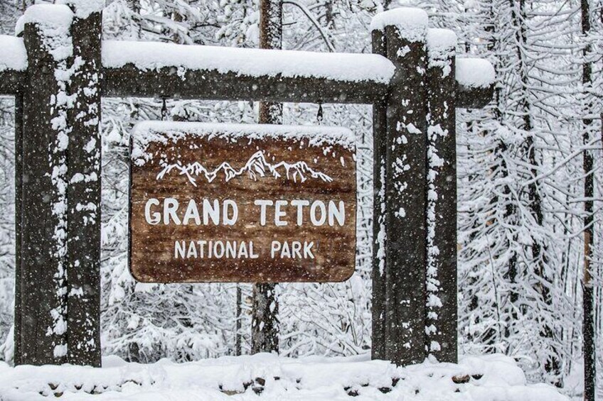 Grand Teton National Park Sign in Winter