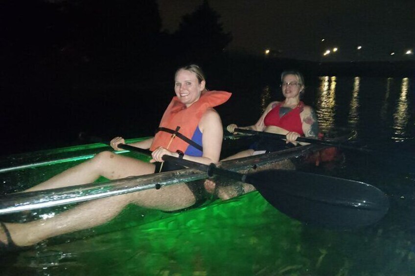 Enjoy this nighttime paddle on a clear kayak lit up with super bright LED Glow Lights.