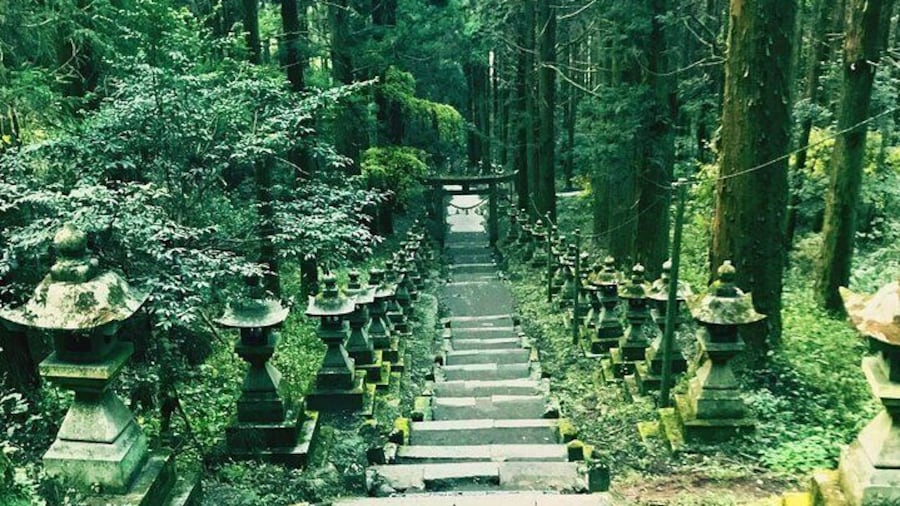 Kamishikimi Kumanoza Shrine: Located in Aso, Kumamoto Prefecture, this shrine features a path lined with nearly 100 lanterns, creating a magical, otherworldly experience for visitors.