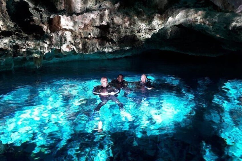 Pristine and crystal water at Dos Ojos Cenote 
