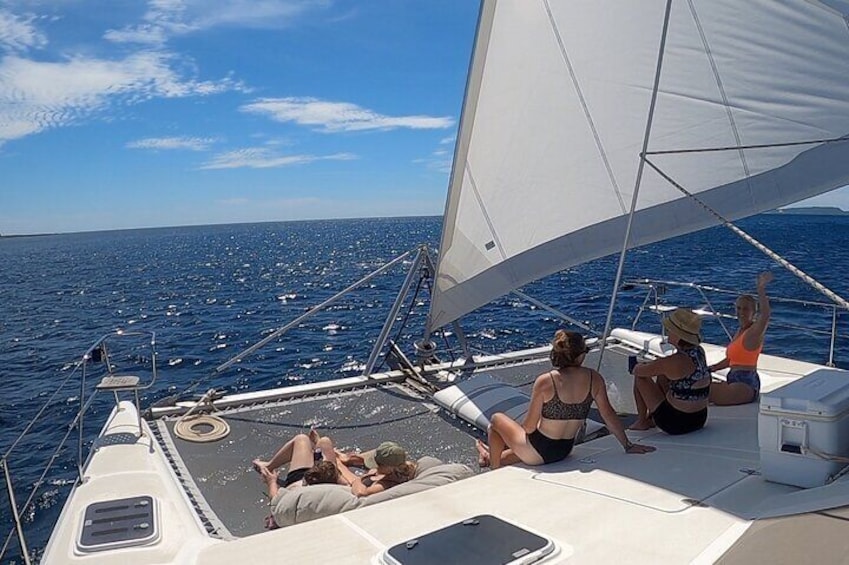 The bow of the yacht offers plenty of space for your group to relax and enjoy the breeze as we sail!