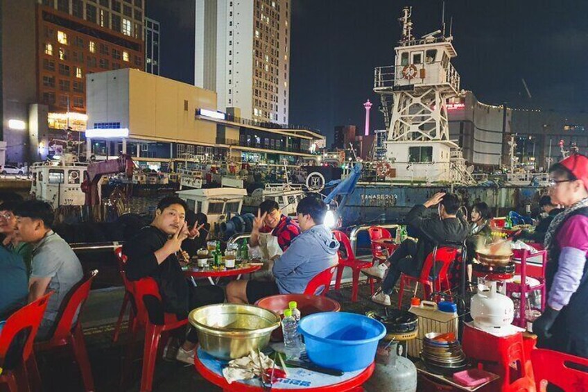 Pojangmacha soju tents by the docks