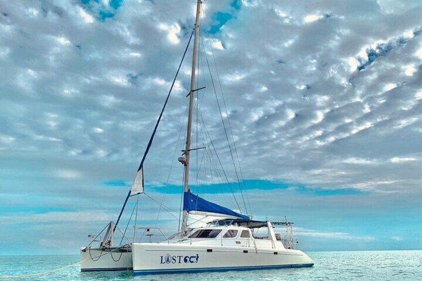 Lost Cat is a 43' long by 25' wide sailing catamaran.