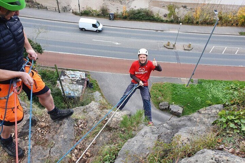 Abseiling off the Idleburger buttress, Avon Gorge,.