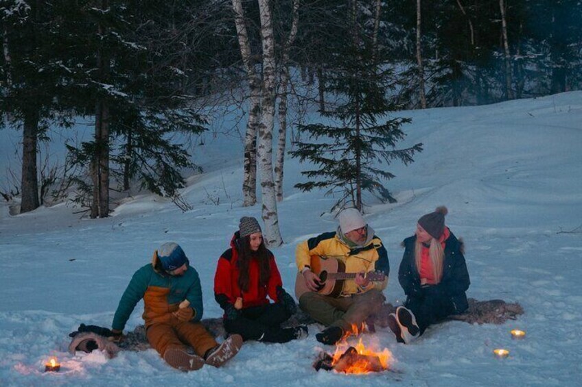 Winter Forest Walk and Campfire by Torchlight in Oslo