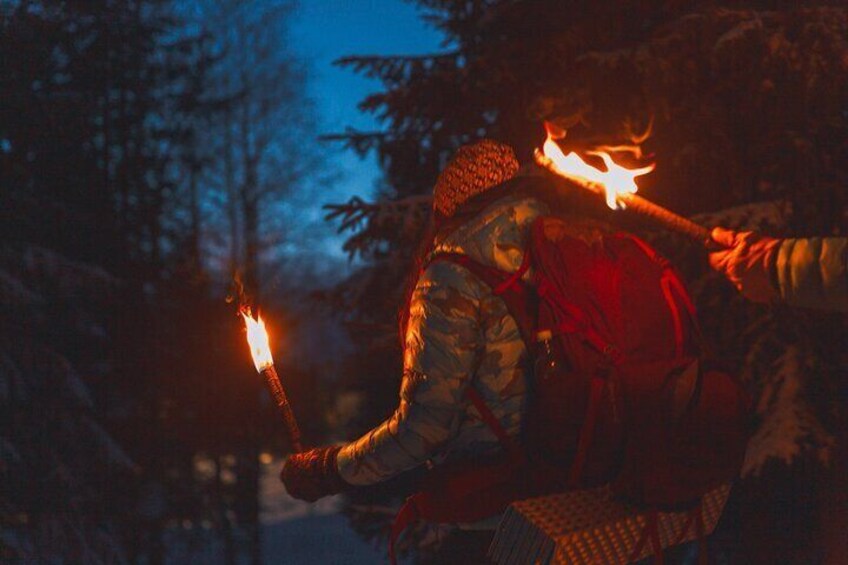 Winter Forest Walk and Campfire by Torchlight in Oslo