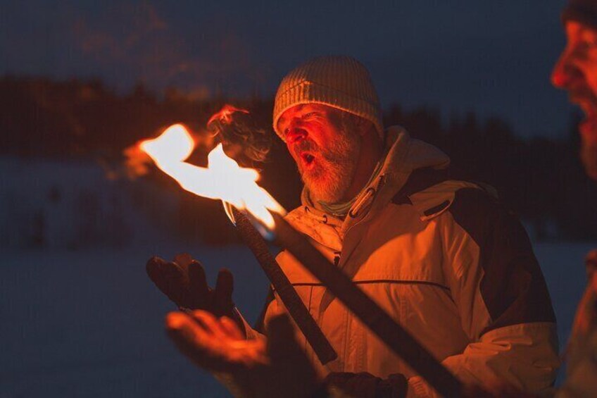 Winter Forest Walk and Campfire by Torchlight in Oslo