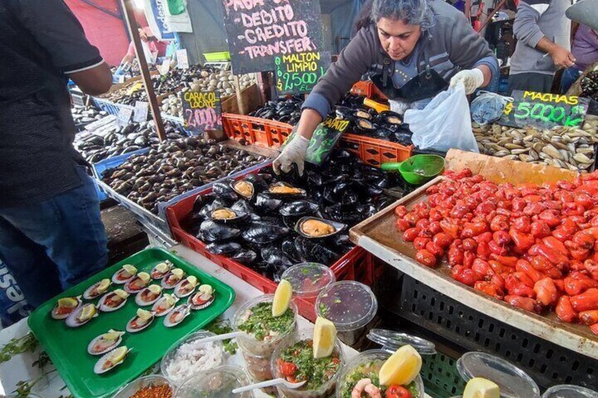 The fresh fish and seafood the vendors are offering every single day of the year at Caleta Portales (the local fish market)