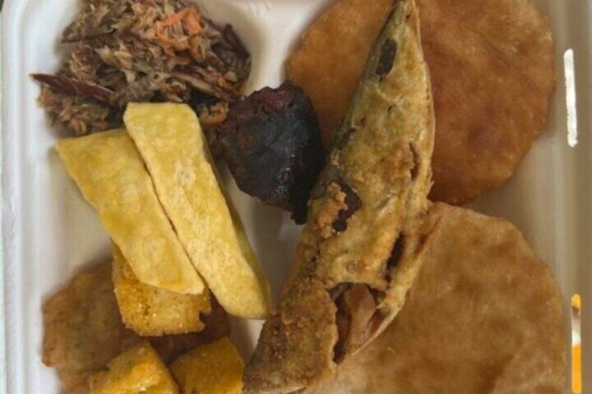 Fried jacks with cou cou (cornmeal) and fried breadfruit