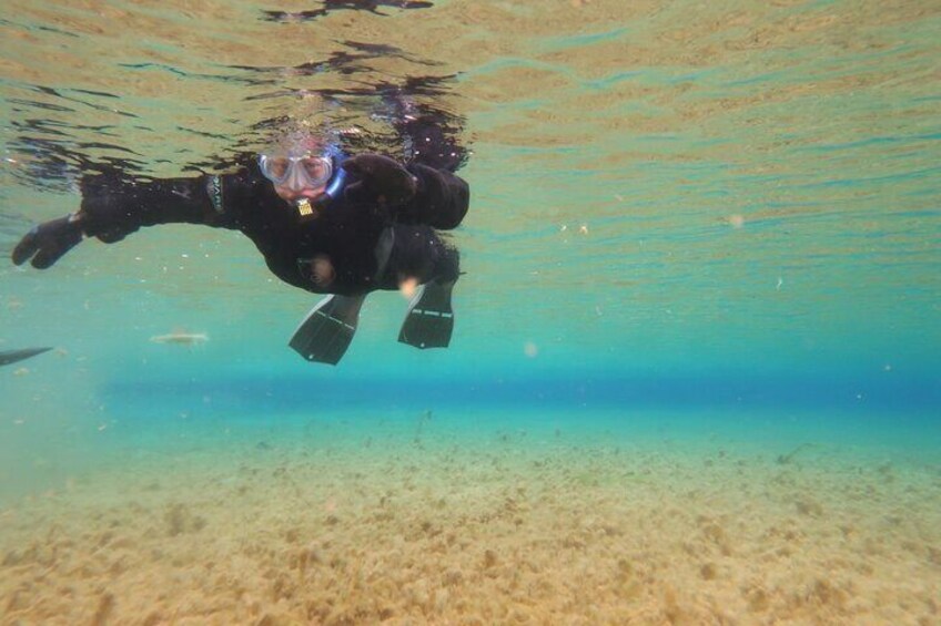 Snorkeler in the Nesgjá lagoon at the end of the snorkeling tour