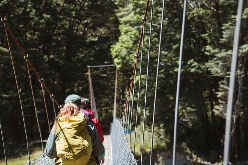 Hikers crossing the swing bridge across the Clinton River, Milford Track.