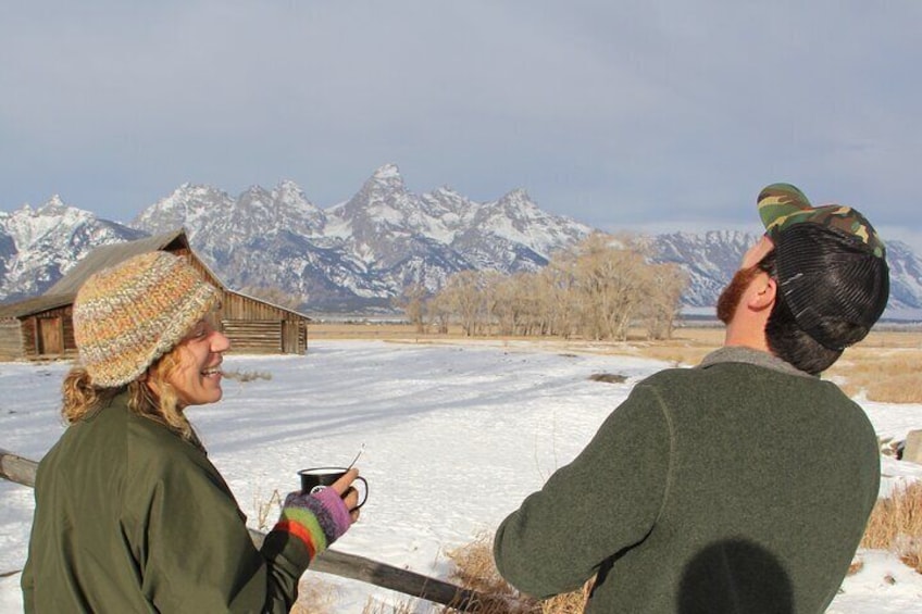 Sharing a warm drink and a joke in the Tetons.