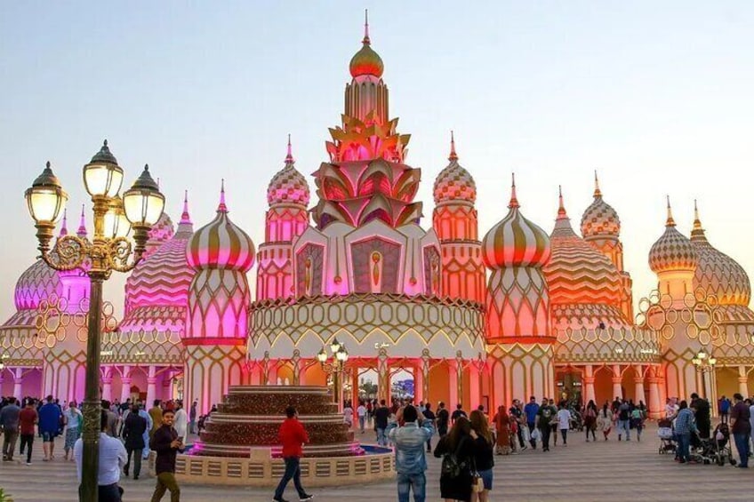 Explore the enchanting pavilions at Global Village, where every structure is a gateway to a new culture.