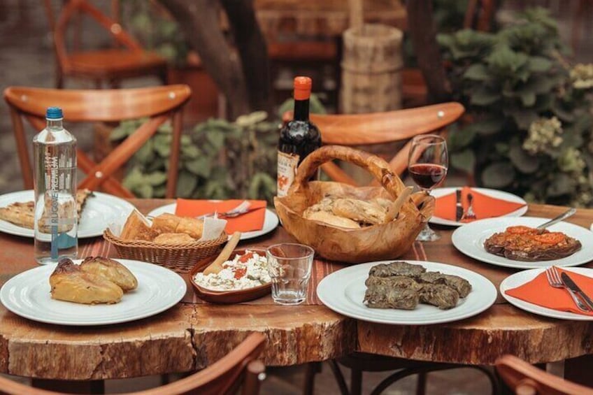 Traditional albanian dinner and albanian wine