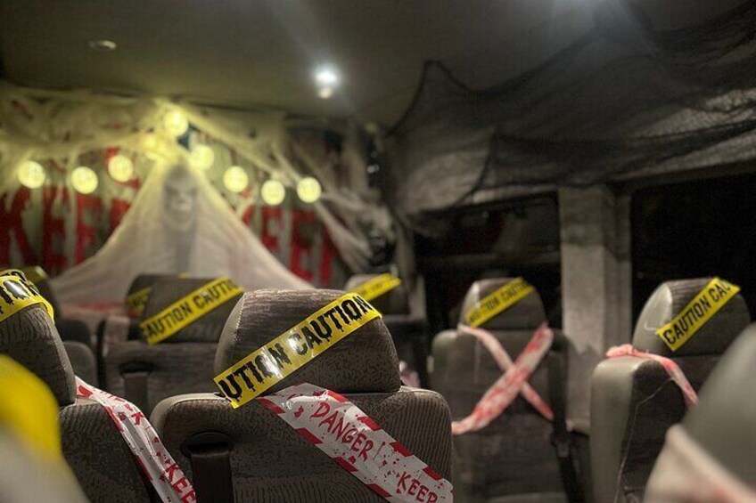 Our tour bus is decked out in spooky décor to set the perfect eerie mood.