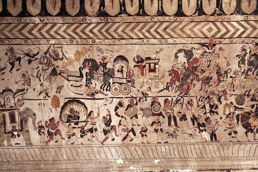 Exquisite ancient paintings on the walls in Lakshmi Narayan Temple Orchha.