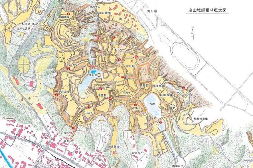 Aerial view of the enclosure of Takiyama Castle, one of Japan's leading castles from the Warring States period (illustration by Masamitsu Nakata)