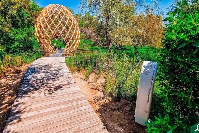 Explore scenic wooden pathways that lead to art and nature on Al Noor Island.