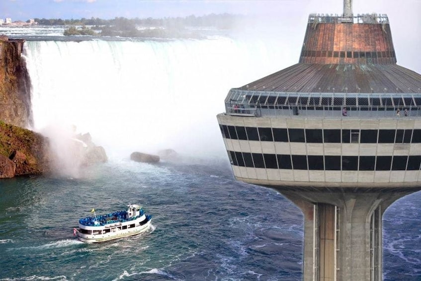 View of Skylon Tower, the Maid of the Midst Boat ride and Niagara Falls 