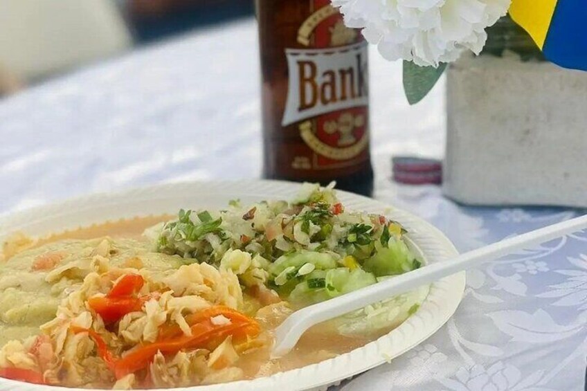 Nothing like a Banks beer and a bajan dish, Buljol