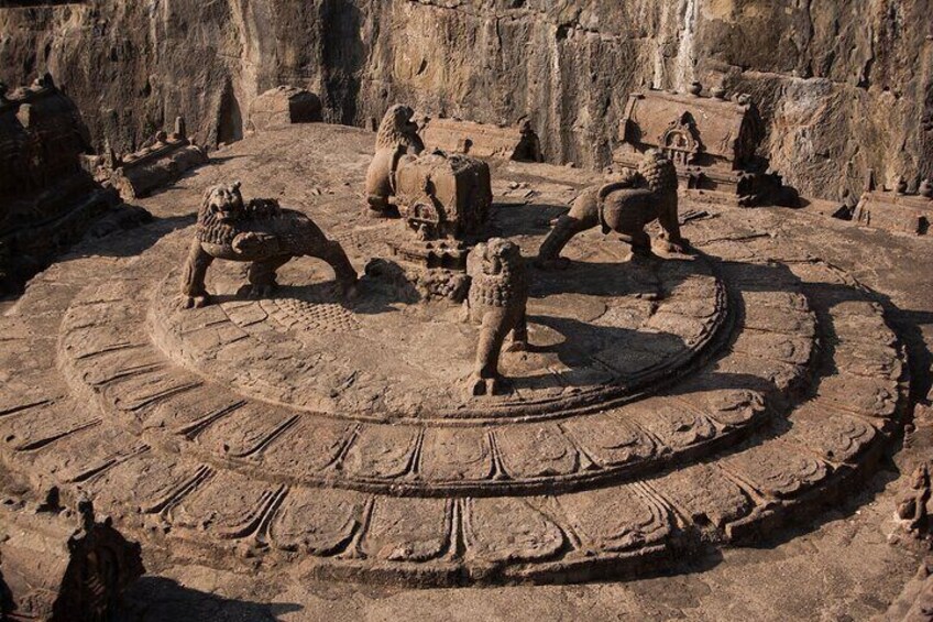 Sculptures in the Ellora caves, A Grand archeological site from the 6th to 10th century featuring religious monuments cut into rock, near Khuldabad.