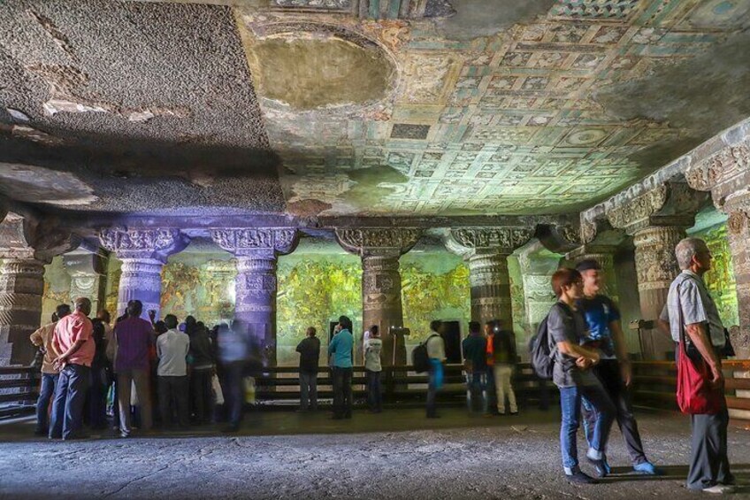 Tourists enjoy paintings and rock-cut sculptures the finest surviving ancient Indian art in Ajanta Buddhist cave dated from the 200 BCE to 480 CE in Aurangabad. 