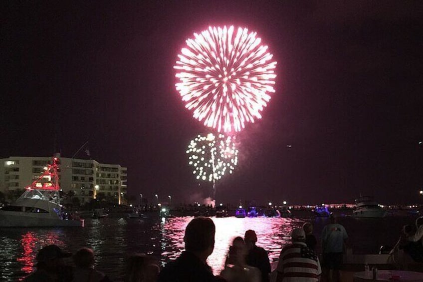 Destin Harbor fireworks shown captured aboard SunVenture catamaran. 