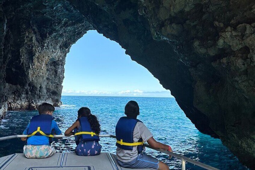 Our Deluxe Power Catamaran fits into all the various sea caves along Na Pali, weather permitting. 