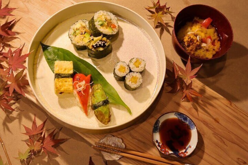 Vegetarian sushi and miso soup