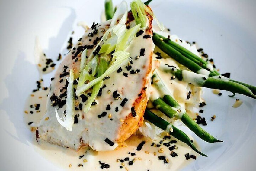 Chefs Catch of The Day - Seared Mahi-Mahi w/ Asian Creamy Avocado Sauce on Steamed Rice & Sautéed Mixed Vegetables