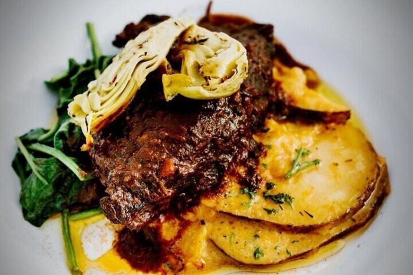 Lightly Smoked Short Ribs - Topped w/ Red Wine Braising Sauce 
w/ Scalloped Potatoes and Steamed Spinach 