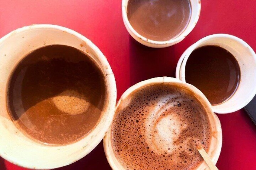 Hot cocoa samples in NYC during hot cocoa crawl with City Crawl Adventures.